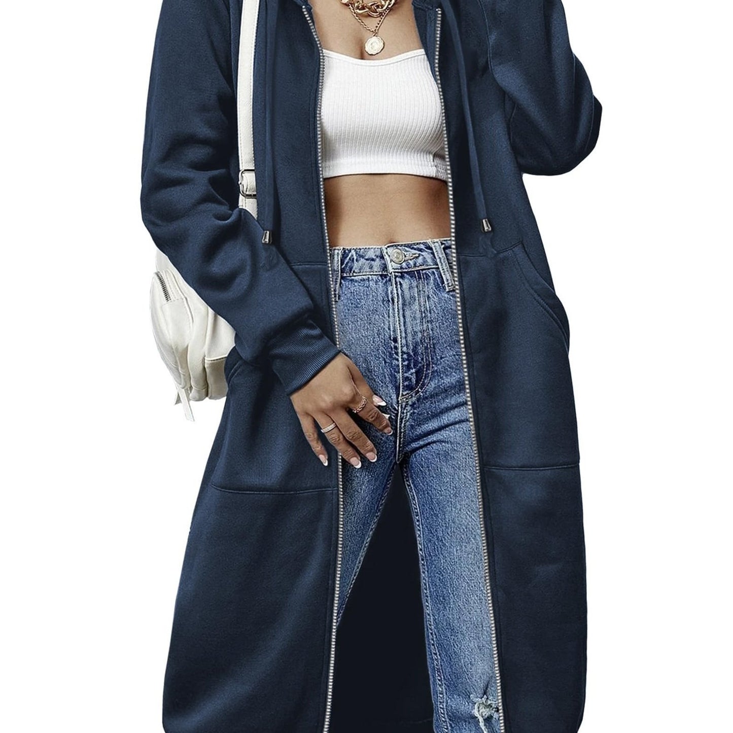 Women'S Casual Long Zip Hoodie Sweatshirt With Drawstring H