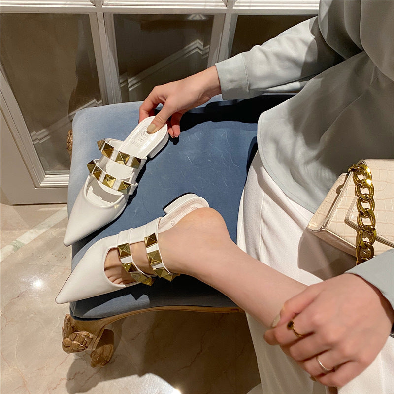 Baotou Half Drag Fashion Mellemhælede Tykhælede Lazy Shoes Net Infrarød Brug Sandaler Og Hjemmesko Kvinder