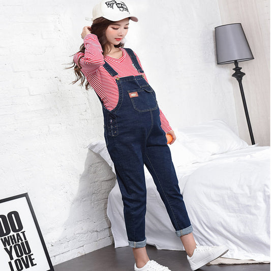 Pregnant Women Plus Velvet Thick Autumn And Winter Bib Pants, Trendy Mothers Wear Loose Outside