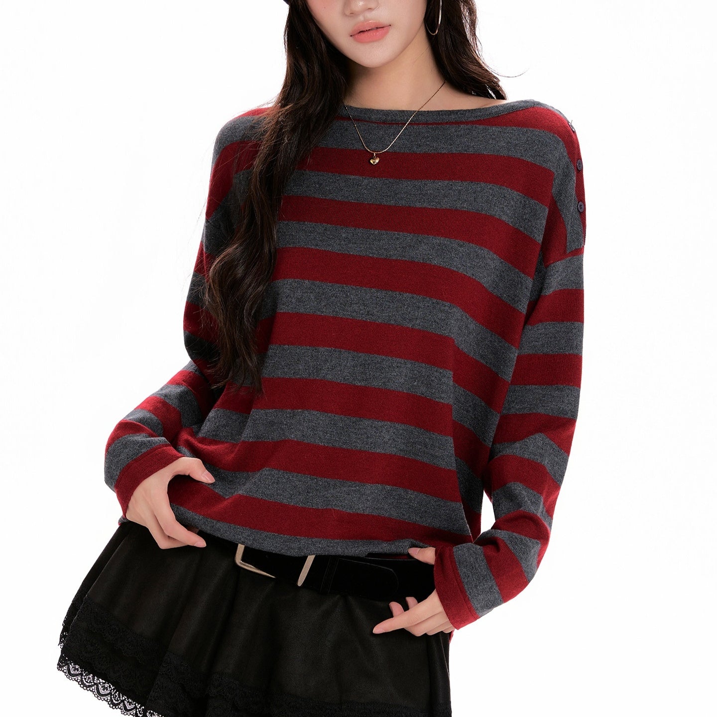 Women's Red-striped Long-sleeve Knit Sweater
