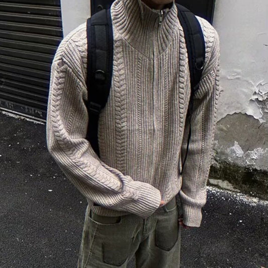 Lazy Trend Wheat Ear Cable Zipper Sweater