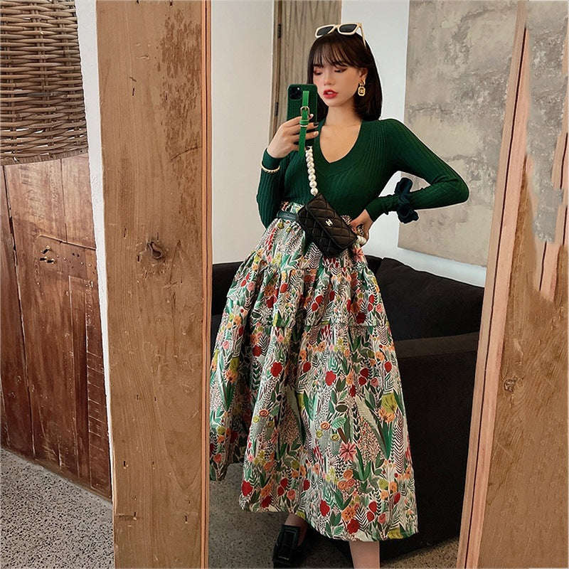 Vintage jacquard pleated puffy skirt with high waist and large hem