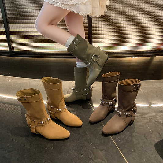 Pointed Women's Rivet Belt Buckle Flat Ankle Boots