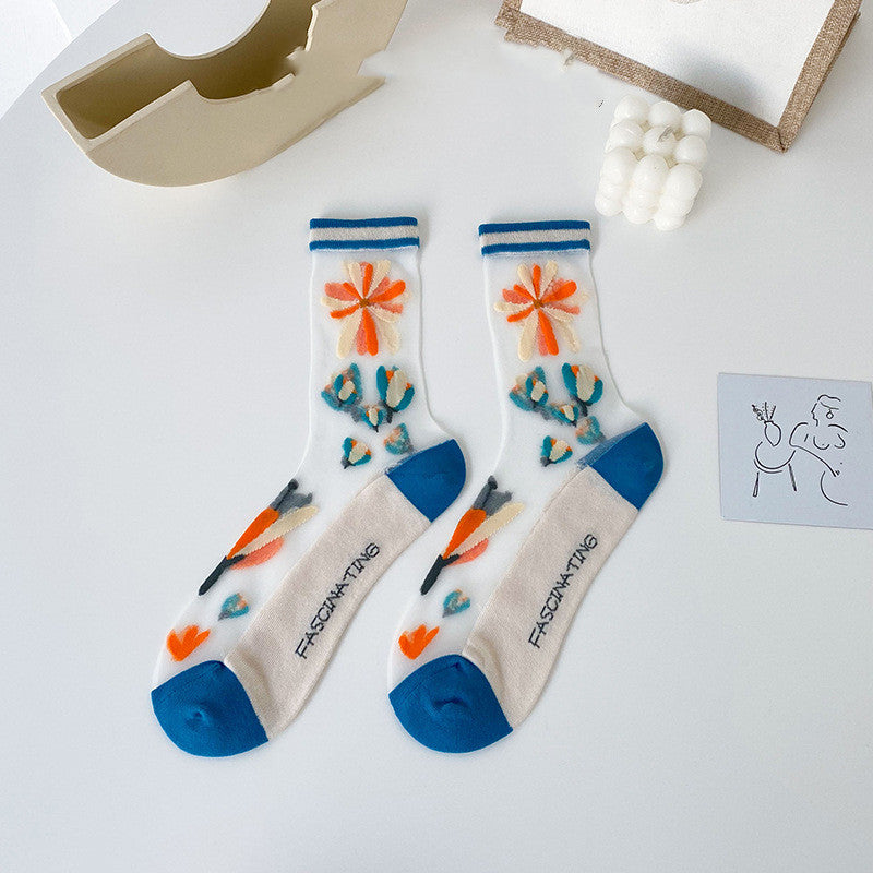 Small Flower Socks Breathable Glass Silk Ladies Cotton Socks