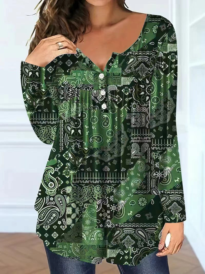 Paisley Mønster Elegant Løs Knap V-hals Top Dame T-shirt