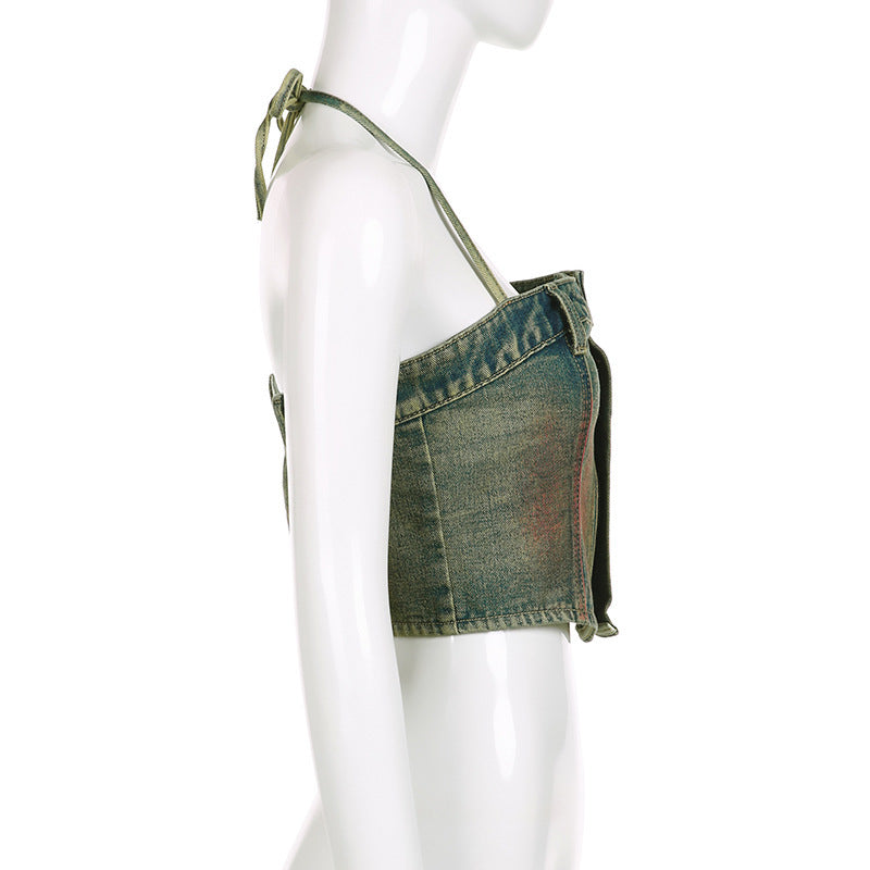 Hot Girl Washed And Worn Zip Tube Denim Vest Top