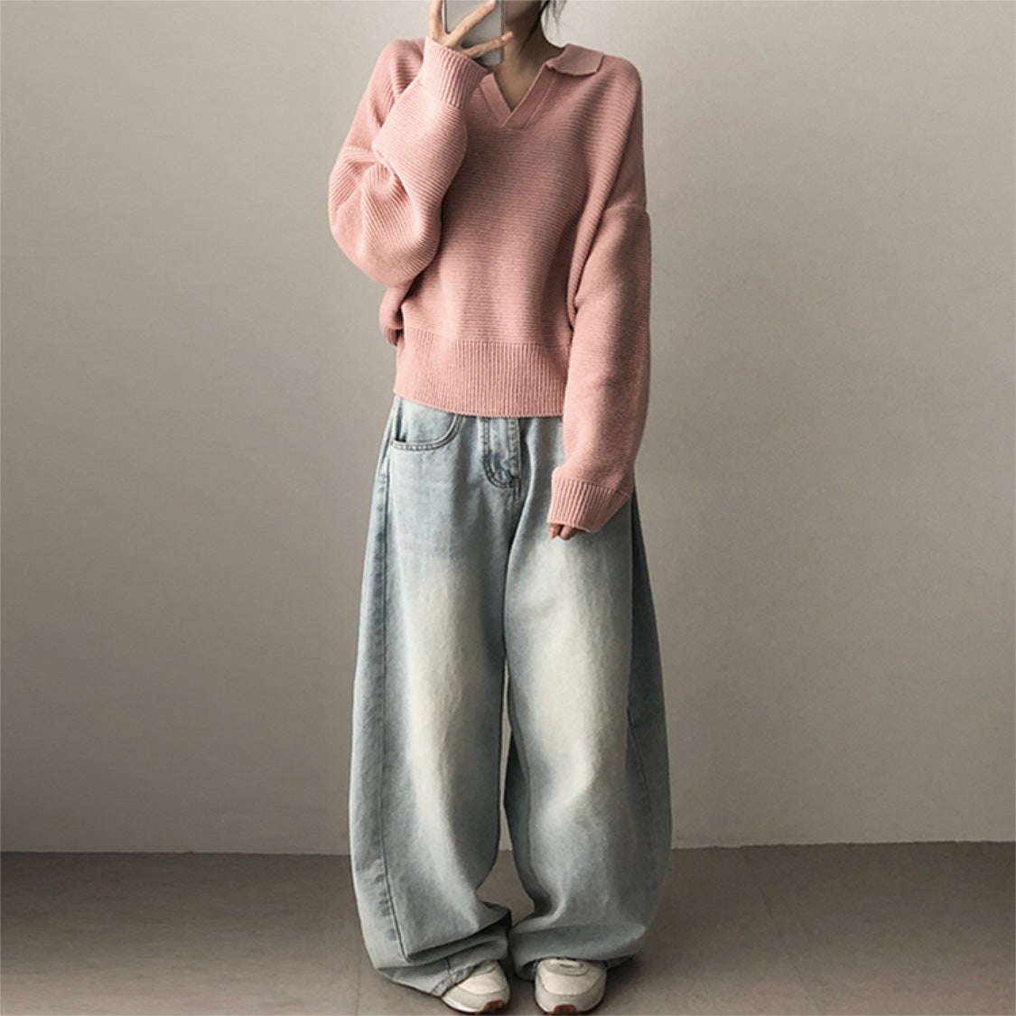 Winter Lapel Pullover Knitting Korean Style Sweater Thick Solid Color And V-neck Sweater