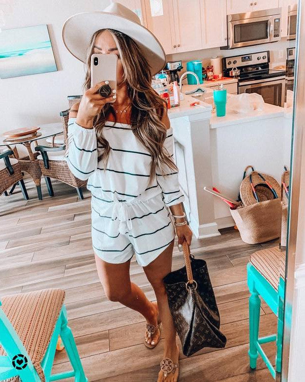 Summer Women's Off-the-shoulder Striped Fitted Waist Jumpsuit