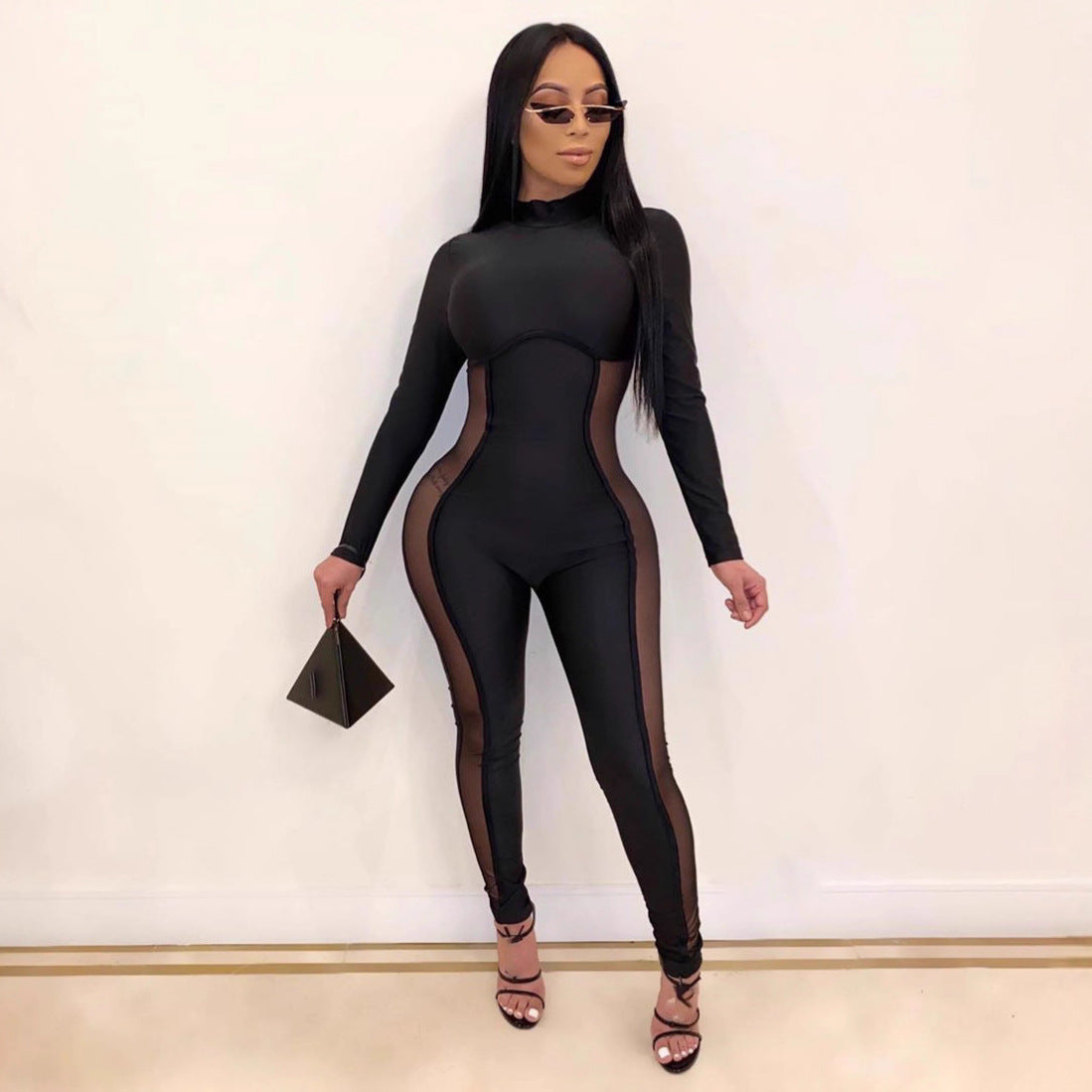 Mesh-panel Long-sleeve Long-leg Jumpsuit Sexy And Stylish