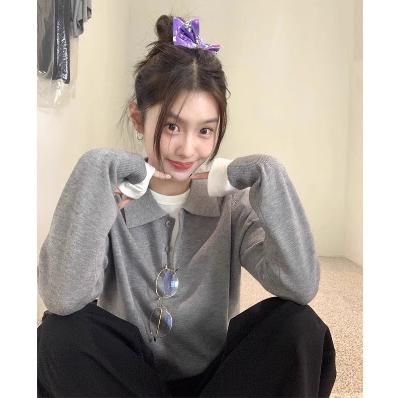 Korean-Style Youthful Embroidered Polo-Neck Knit Top