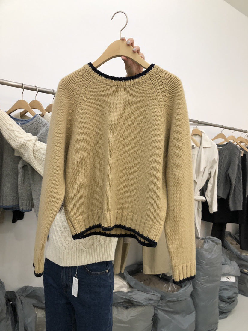Contrast Color Knitted Collar Round Neck Sweater