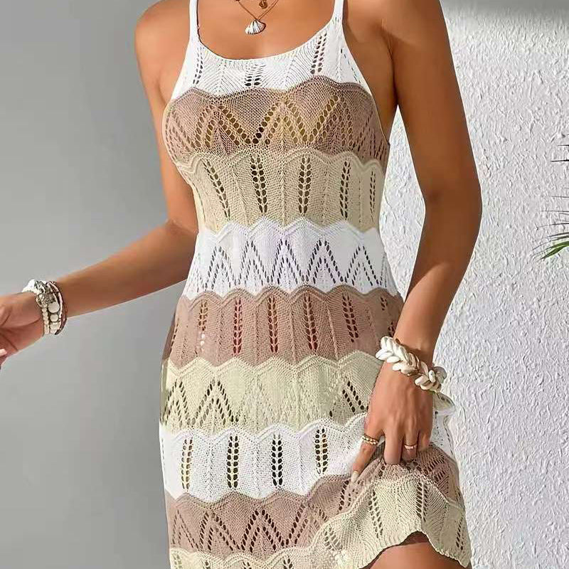 Women's Color-Block Sexy Knitted Beach Dress