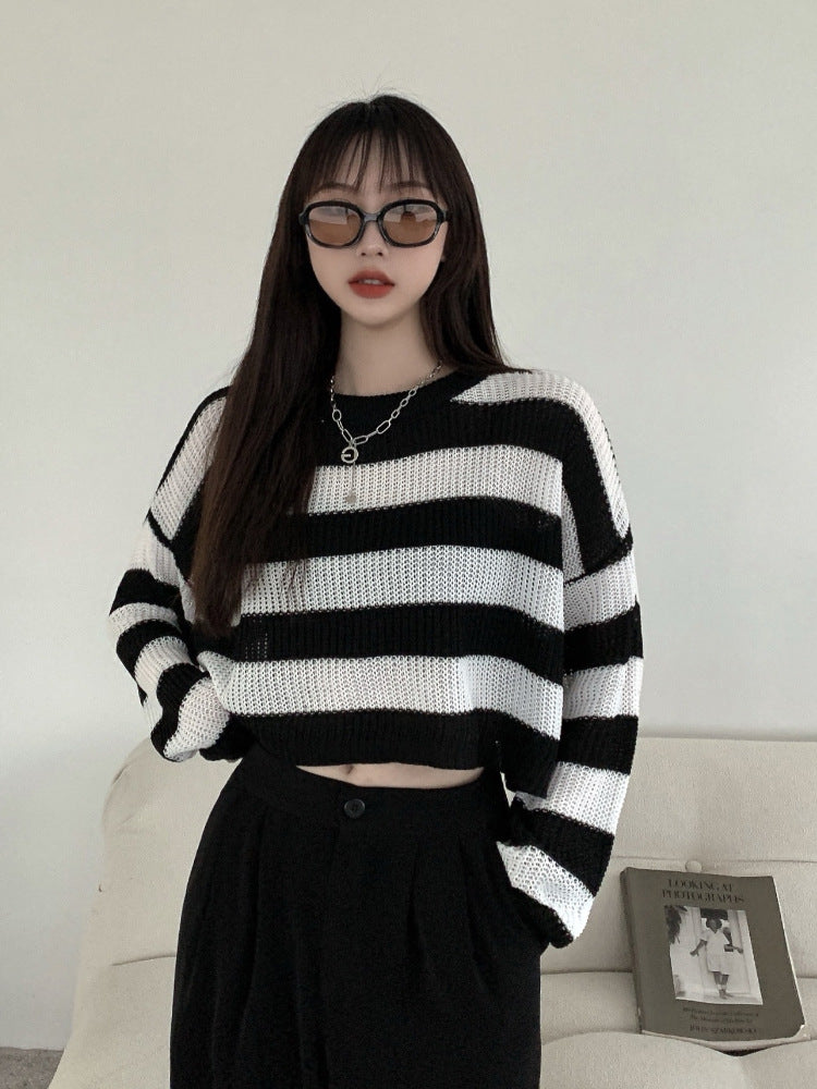 Women's Black And White Striped Sweater Autumn And Winter Sweater Long-sleeved Blouse