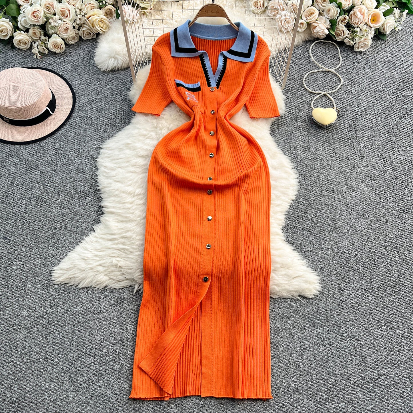 Womens Embroidered Defined-Waist Knitted Dress