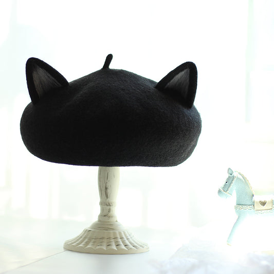Painter Hat Wool Felt Three-dimensional Cat Ears Beret