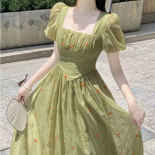 Waist Tightening And Slimming Green Floral Dress For Women