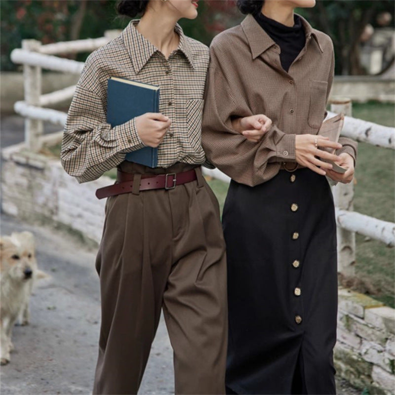 French Style Retro Plaid Shirt For Women