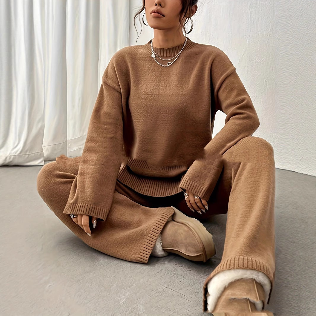 Casual Fashion Round Neck Contrast Color High Class Elegant Sweaters Woolen Two-piece Set