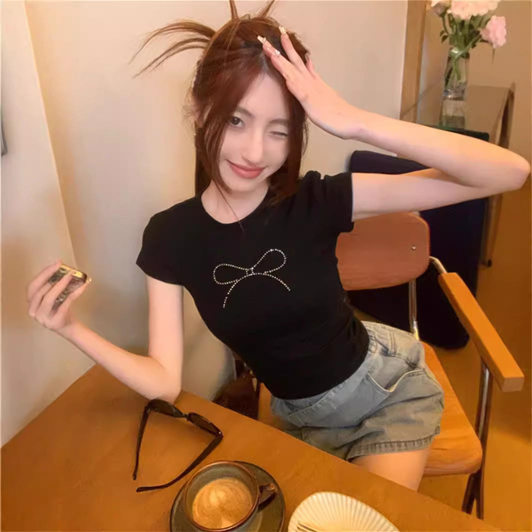 Sommer Amerikansk Hot Girl Kortærmet T-shirt Navle Sort Sløjfe