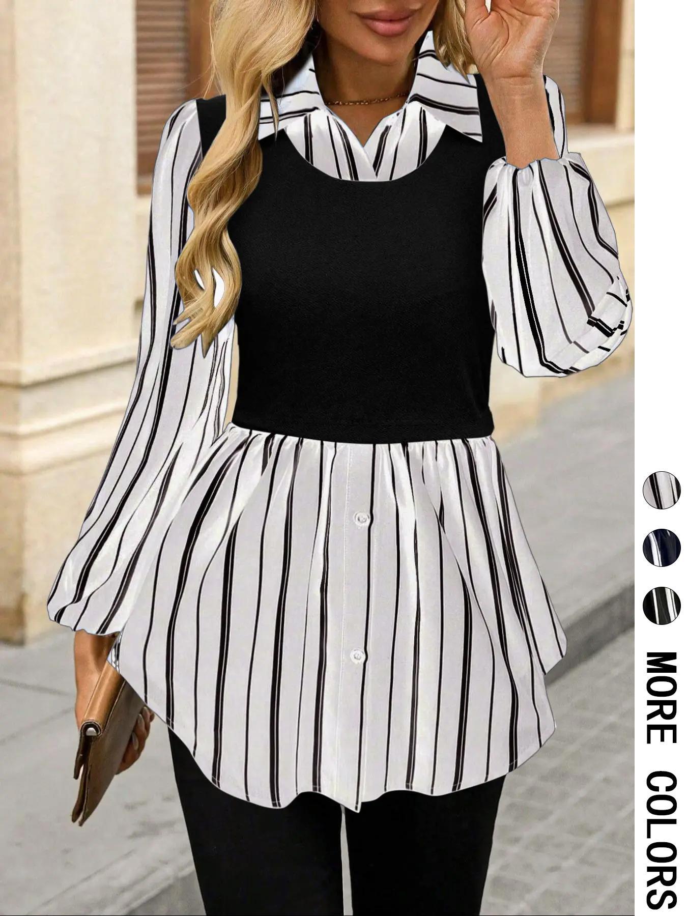 Striped Fake Two-piece Long Sleeve Shirt Women