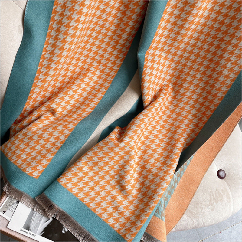Short Beard Fringe Decoration Women's Cashmere Houndstooth Scarf