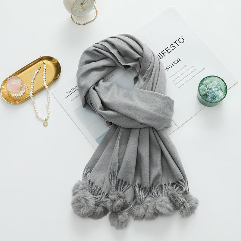 Versatile New-Style Womens Cape With Pompoms Cashmere And Wool Scarf