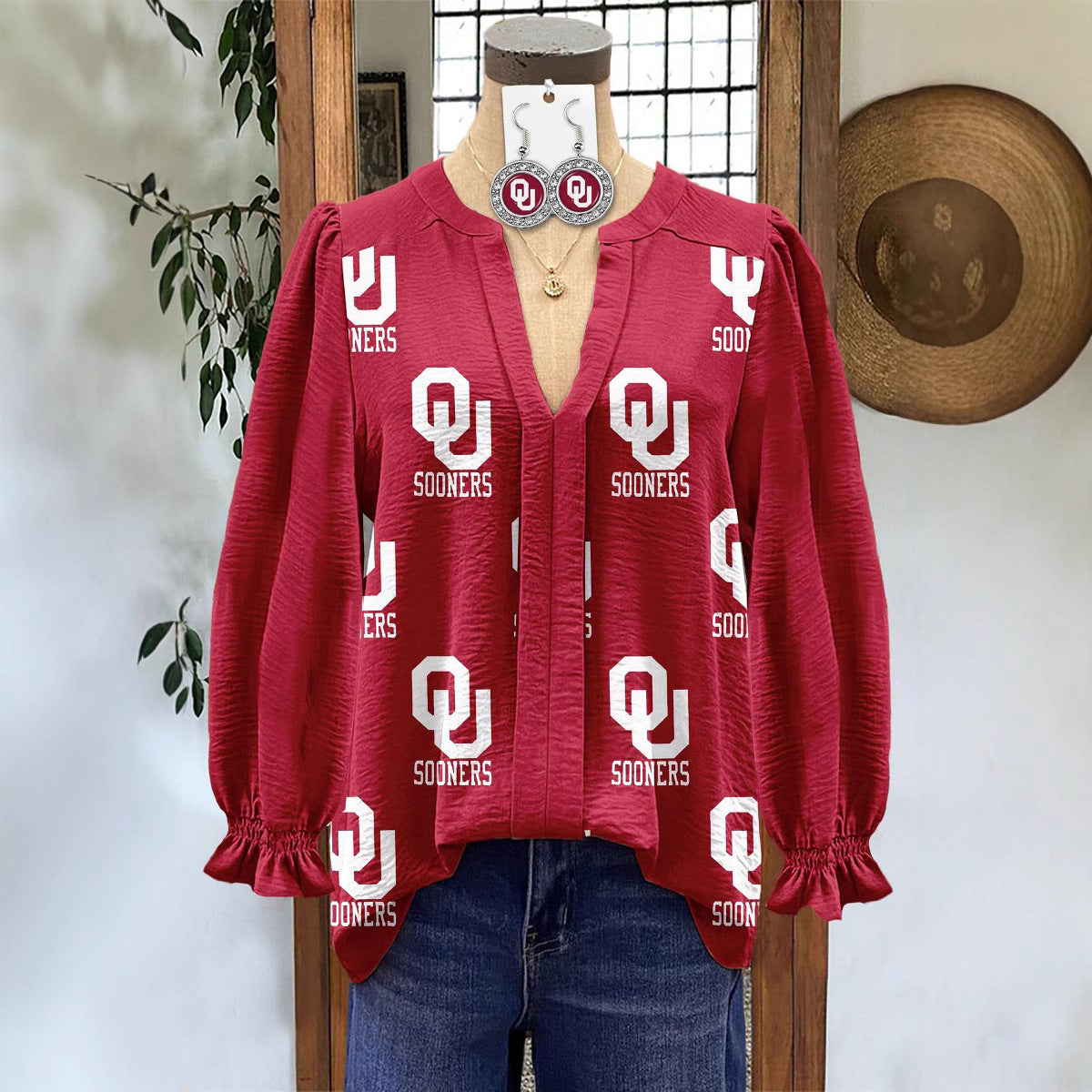 Women's Shirt Loose V-Neck Long Sleeve