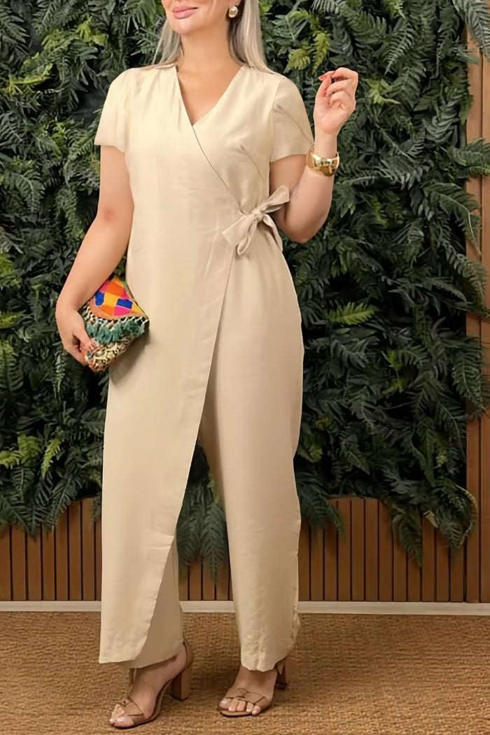 Women's Casual Loose V-neck Cross-strap Jumpsuit