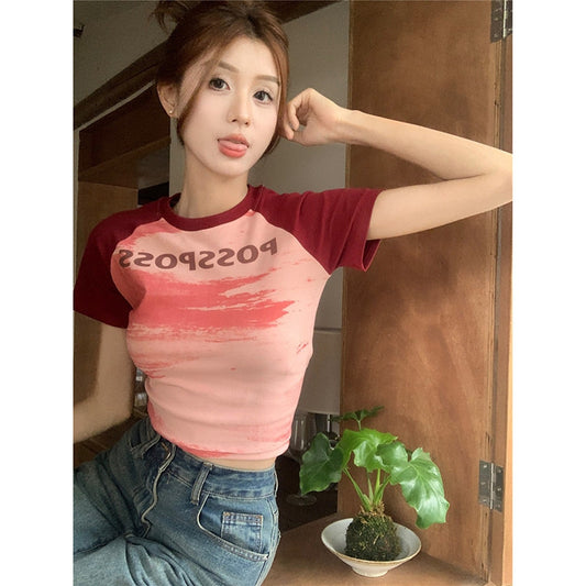 Contrast Color Round Neck Short Raglan Short Sleeve