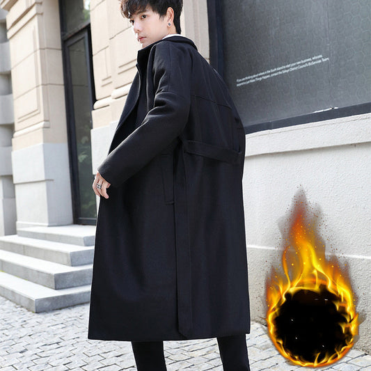 Mænds mellemlange tykke uldfrakke i koreansk stil - Trenchcoat