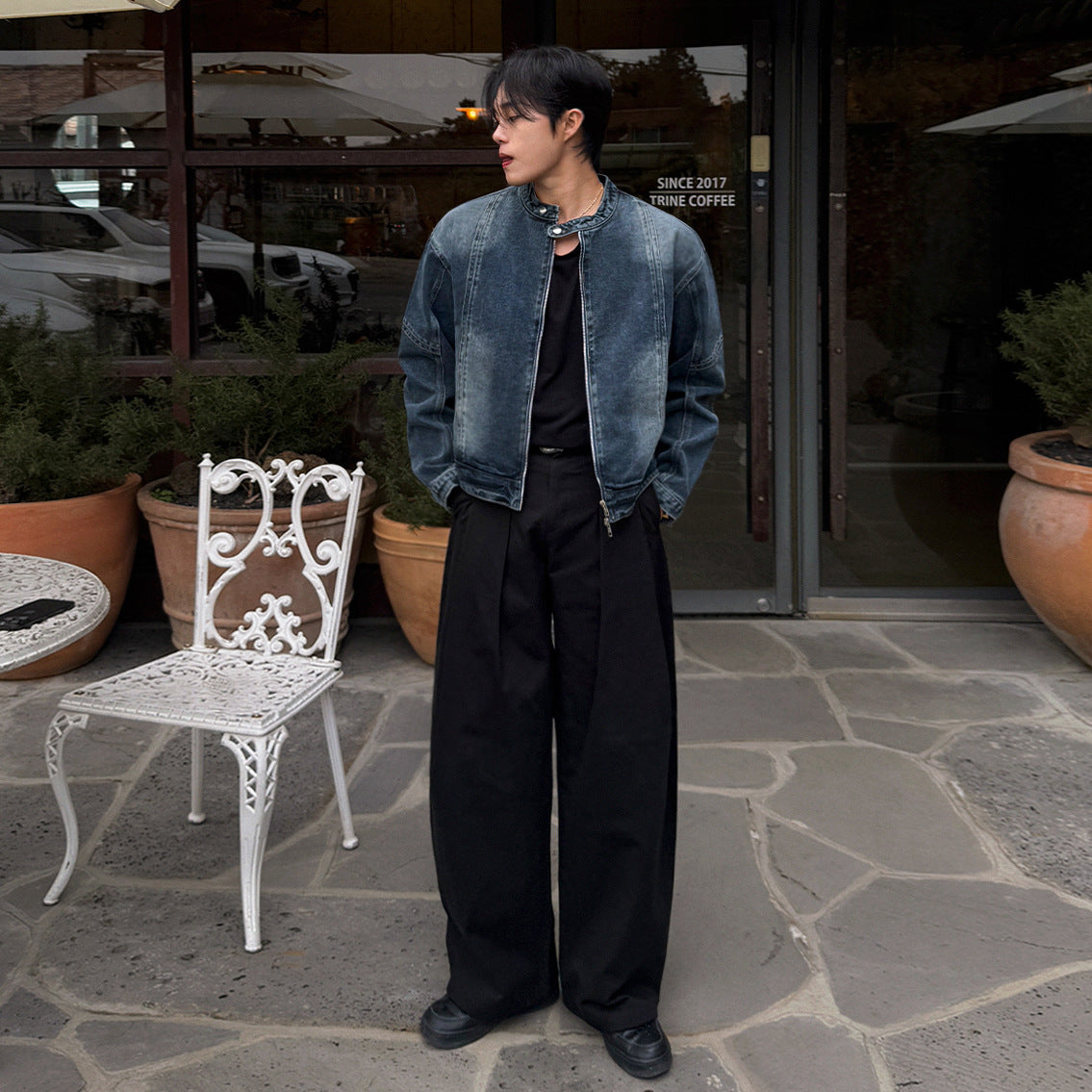Loose-fit Stand-up Collar Jacket Cropped Denim Jacket