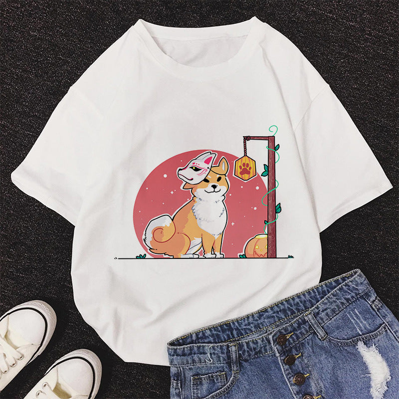 Cute Cat Shiba Inu Printed Women's T-shirt Casual Style