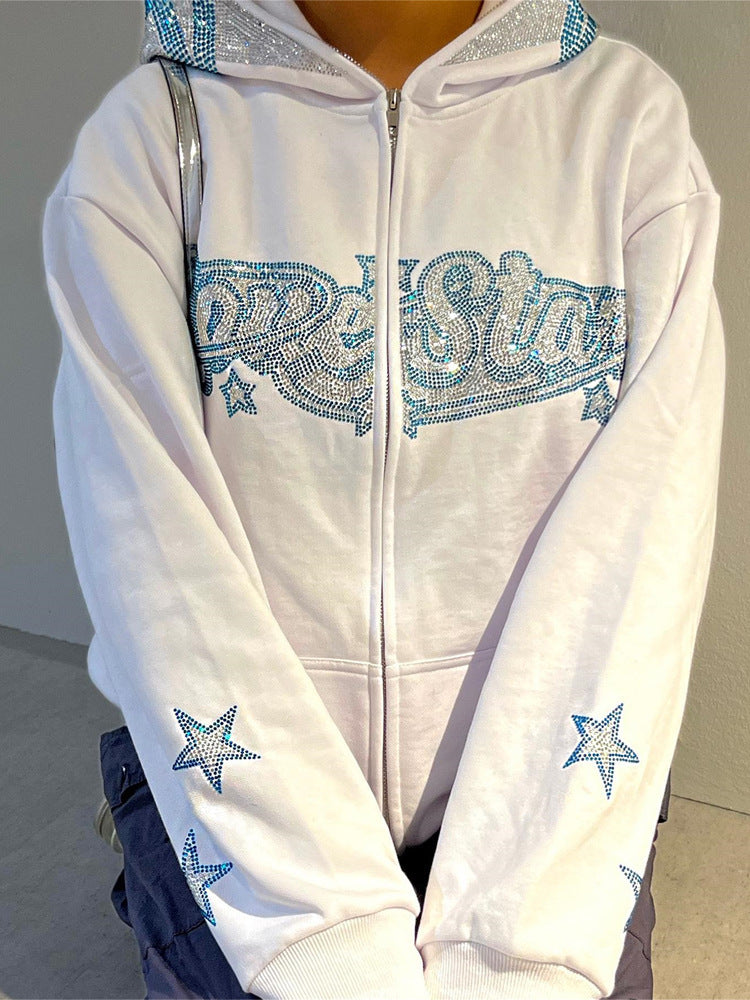 Rhinestone Letters Printed Loose Sweatshirt