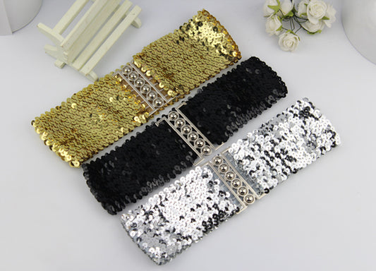 European And American Style Sequins Elastic Waistband Women's A Pair Of Buckles Mirror Fashion Style