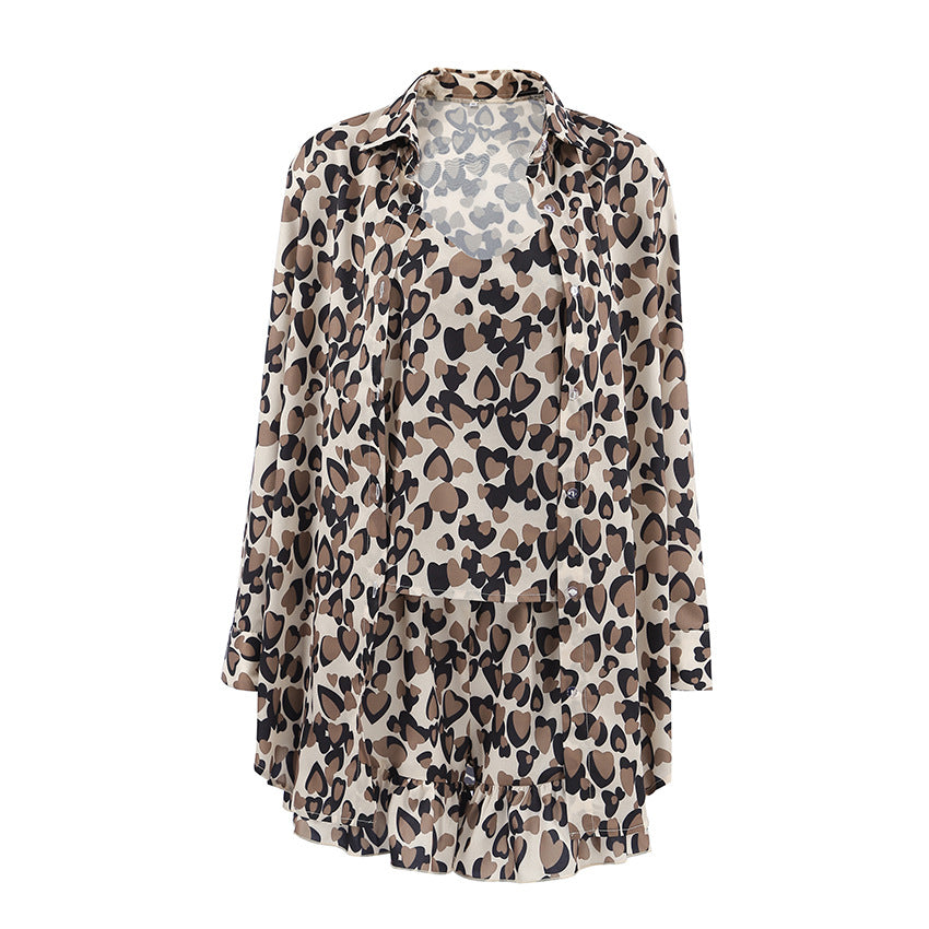 Leopard-print Loose-fitting Comfortable Long-sleeve Vest And Shorts Pajama Set Three Pieces