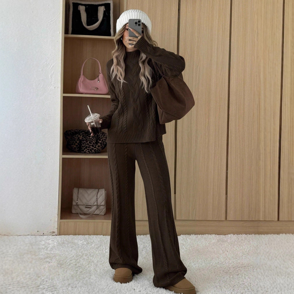 Womens Cable-Knit Knitwear Set With Wide-Leg Pants And A Relaxed Fit