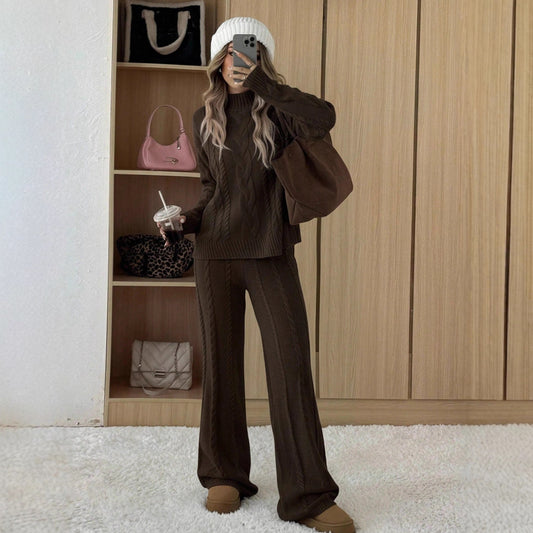 Womens Cable-Knit Knitwear Set With Wide-Leg Pants And A Relaxed Fit