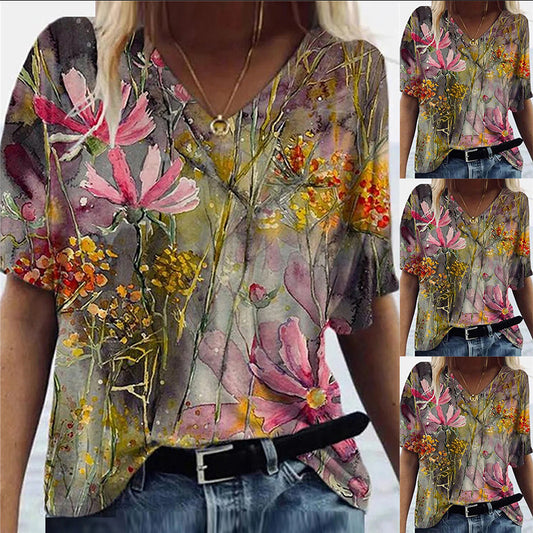 Flower Printed Short Sleeve V-neck Girl