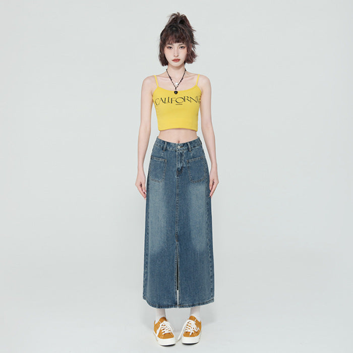 New High Waist Front Patch Pocket Denim Women's Bag Hip Skirt