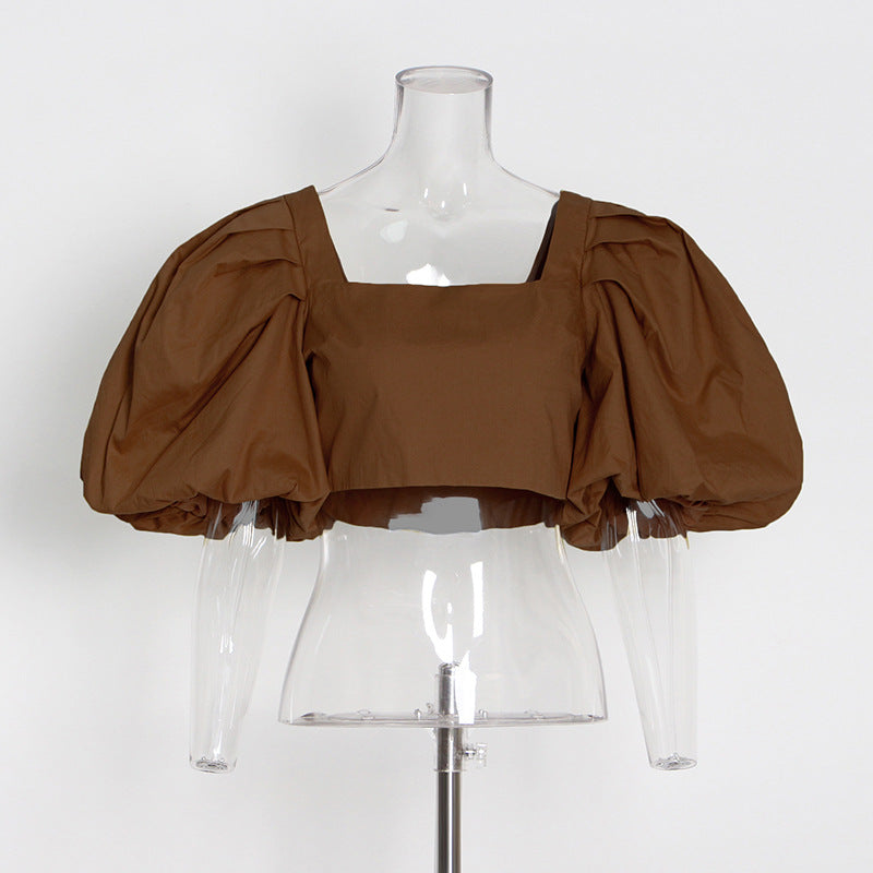 Autumn New Fashion Personality Square Collar Bubble Sleeve Design Sense Tops Female