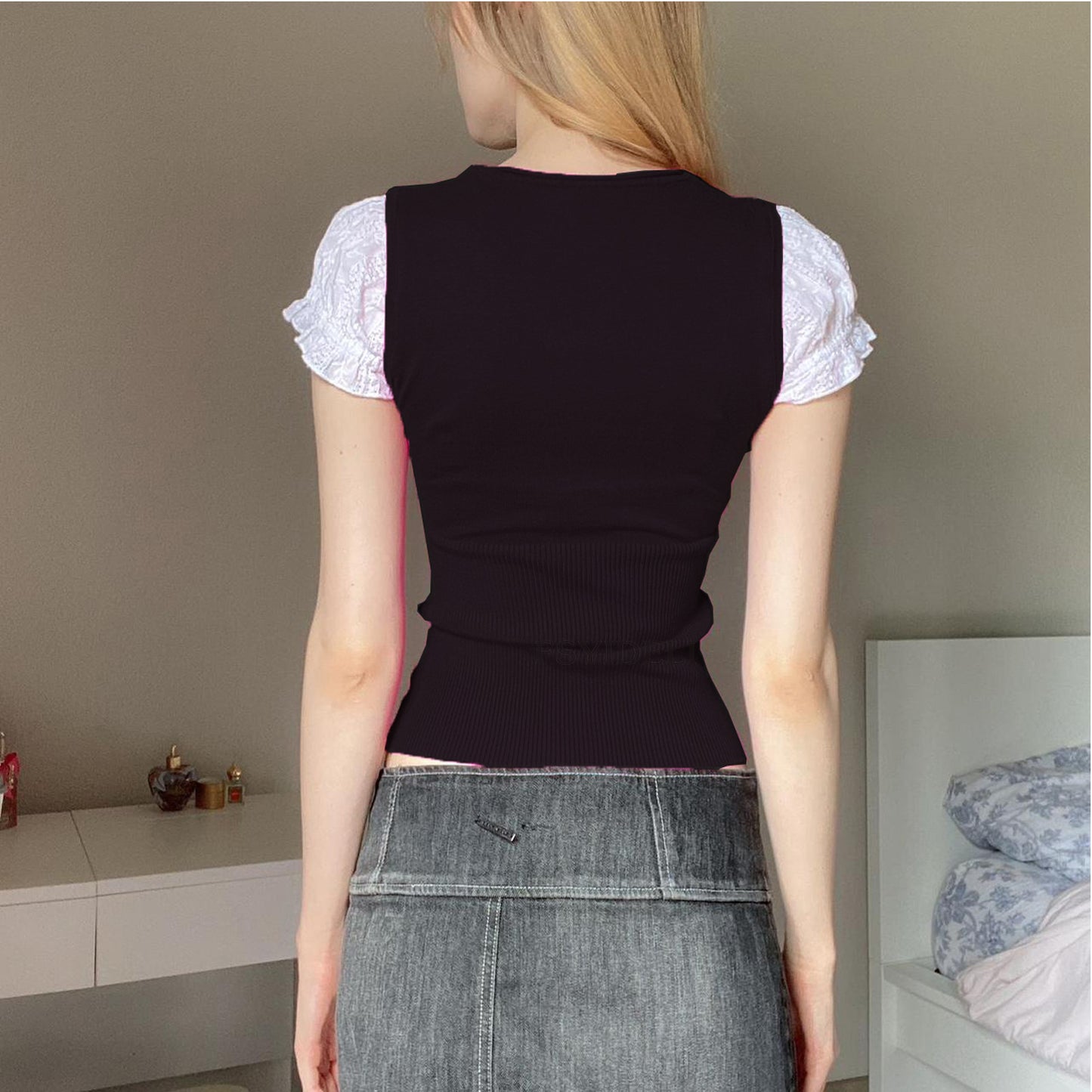 Women's Square Collar Lace Patchwork Knitted Short Sleeve