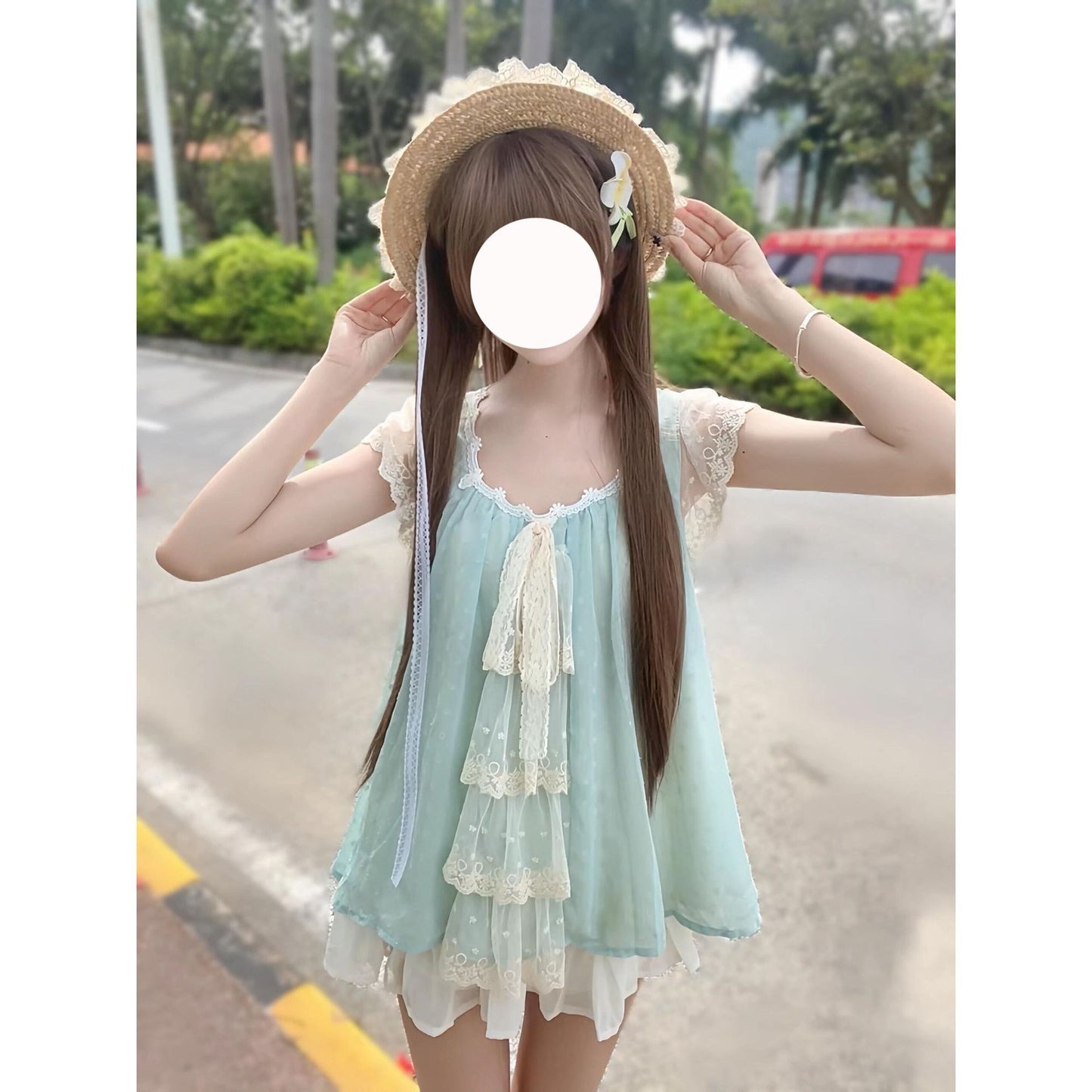Lace Mesh bow French Top Elastic Waist White Mini Skirt Set Women