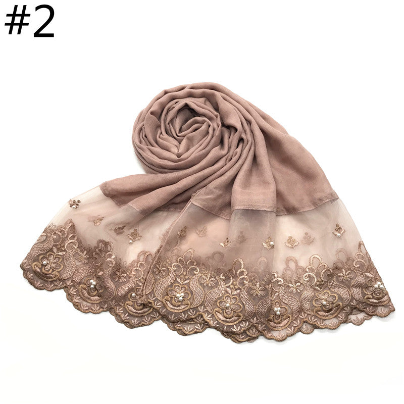 Cotton And Linen Solid Color Scarf, Two-end Lace, Set Pearl Toe Cap Scarf