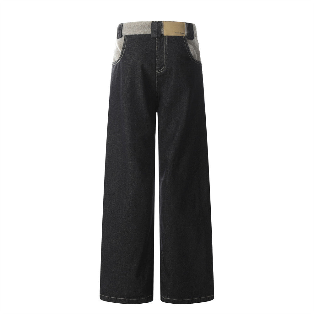 High Street Design Washed Straight Wide Leg Plush Stitching Multi-pocket Jeans