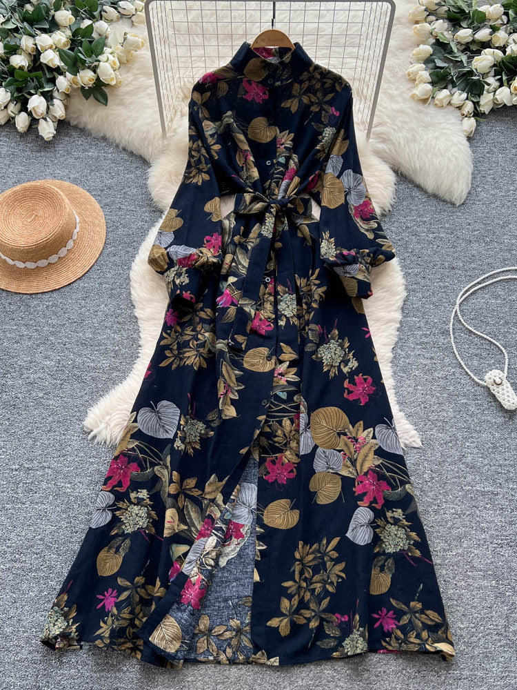 Fransk-inspireret retro elegant enkelttradet blomstret kjole med snøre i taljen til kvinder