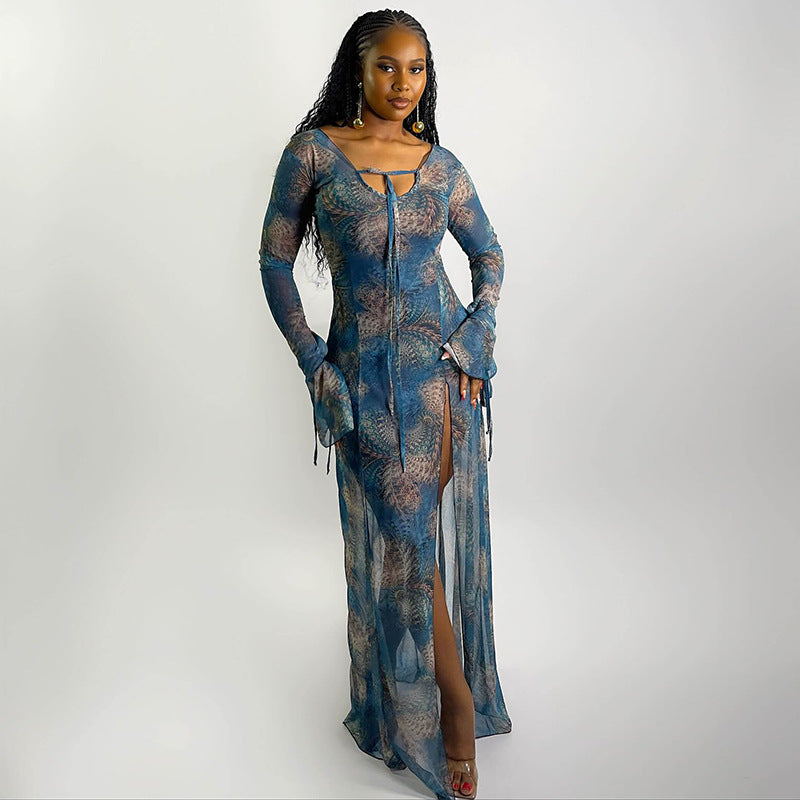 Elegant Long Sleeve V Neck Split Dress