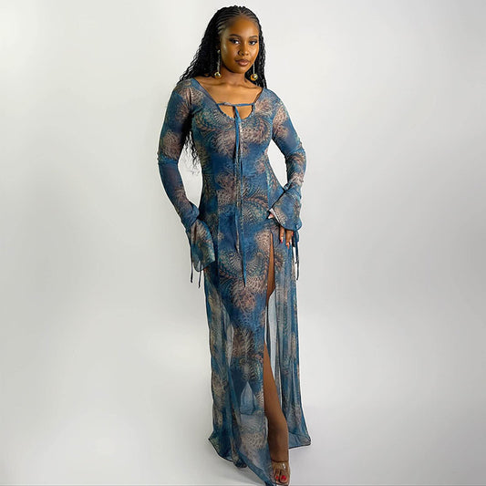 Elegant Long Sleeve V Neck Split Dress