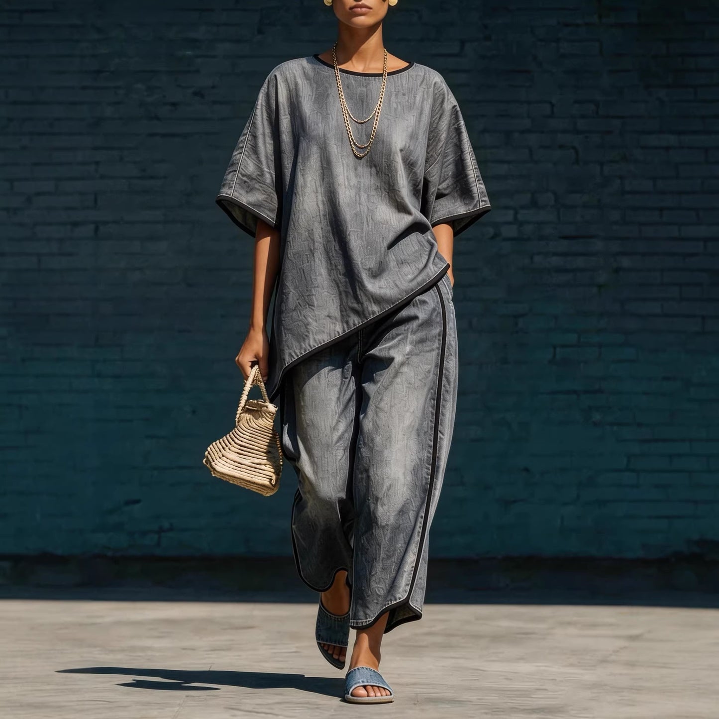 Elegant fritidssæt med vidde ben i denim-stil