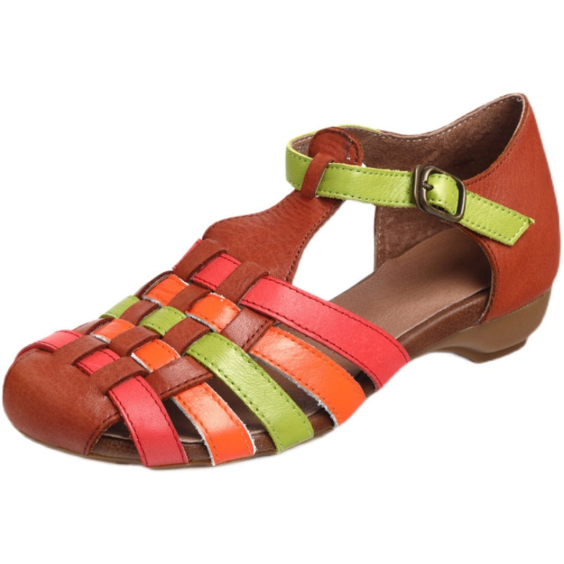 Handmade Color-block Woven Buckle Flat Soft-soled Flat Sandals