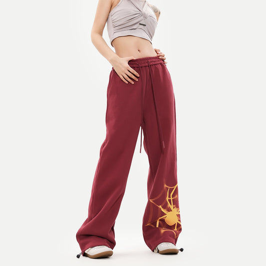 Retro Spider Print Casual Straight Ankle Tied Sports Pants